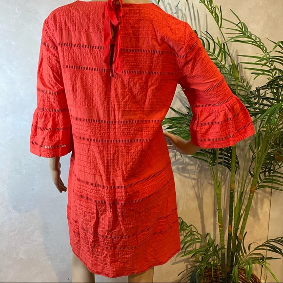 J Crew Coral Red Eyelet Embroidered Tie Neck Flutter Sleeve Shift Dress Size 4. - Picture 2 of 11